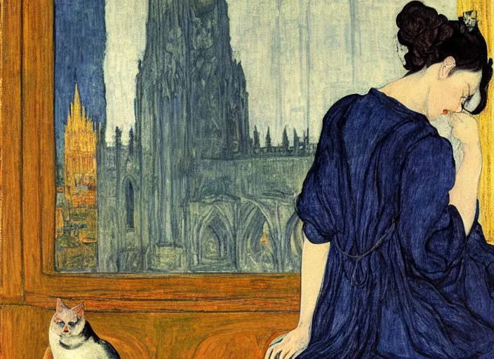 Prompt: close portrait of woman in night gown with cat, with city with gothic cathedral seen from a window frame with curtains. thunderstorm, deep indigo. caravaggio, egon schiele, bonnard, henri de toulouse - lautrec, utamaro, monet - h 7 0 4