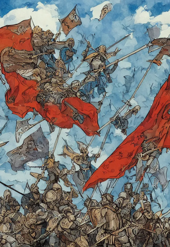 Prompt: handmade illustration of an epic medieval battle between a very small group of medieval soldiers, a few banners and flags, flying arrows, a small castle at the background, some smoke and fire, blue sky with beautiful clouds, line art, ink, watercolor by Kilian Eng and by Jake Parker, heavy brushstrokes, winning-award masterpiece, fantastic, octane render, 8K HD Resolution, High quality image