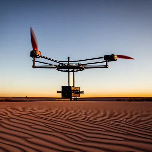 Image similar to flying industrial 3d printer with giant extrusion nozzle in the australian desert, XF IQ4, 150MP, 50mm, F1.4, ISO 200, 1/160s, dawn