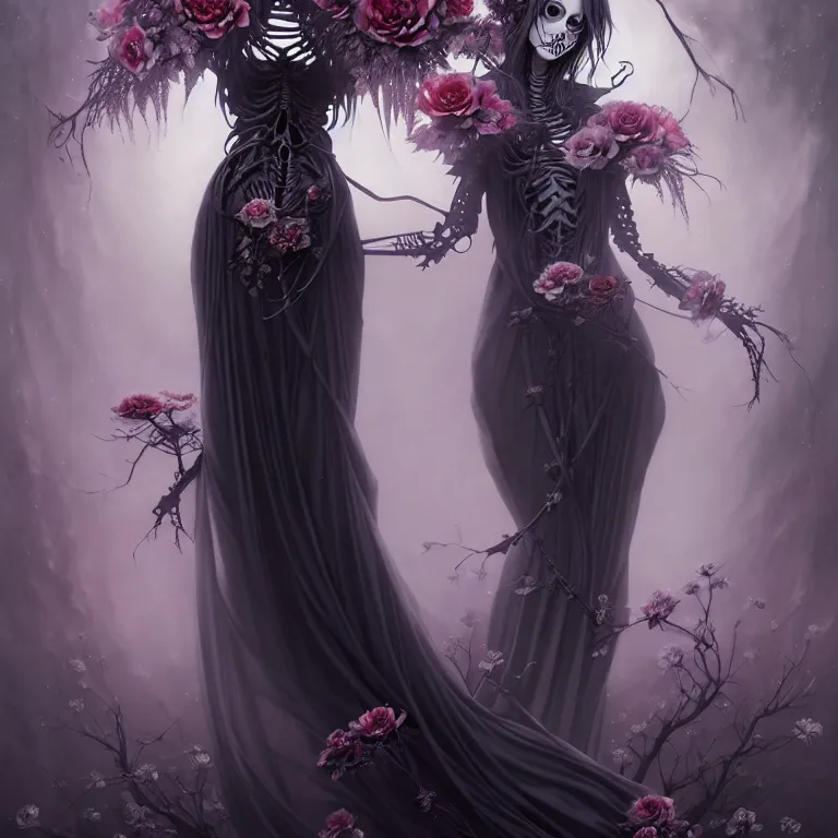 Prompt: stunning anime goddess hybrid skeleton of the floral river flowers, beautiful gothic dress in a dark romance, misty, by cgsociety, in the style of charlie bowater, tom bagshaw, intricate, beautiful, artstation 8 k, high resolutionsparkling atom fractals of jewls cords, by alex grey and hr giger