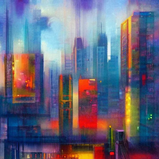 Image similar to a impressionism painting of a cityscape with buildings in the background, an abstract painting by stanton macdonald wright, cgsociety, lyrical abstraction, cityscape, dystopian art