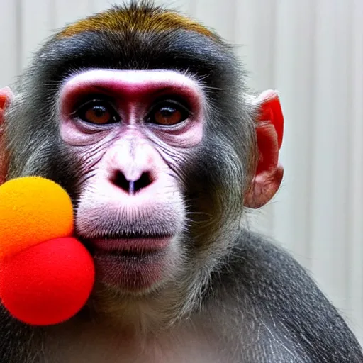 Image similar to a photo of a monkey with clown paint, sidelit