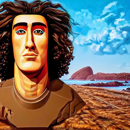 Image similar to a portrait of an easter island head of weird al yankovic by sandra chevrier, by jon foster, detailed render, epic composition, natural landscape background, 4 k realistic, cryengine, realistic shaded lighting, sharp focus, masterpiece, by enki bilal