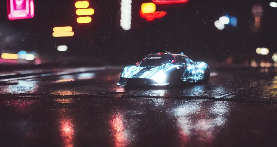 Image similar to close up macro shot of a racing car on wet city street at night, intricate, hyper detailed, smooth, high contrast, neon, volumetric lighting, octane, moebius, greg rutkowski, blade runner, ripley scott, cindmatic