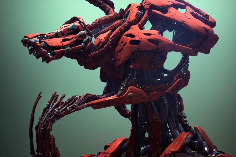 Prompt: portrait of a posed hyper detailed complex, plowhorn evangelion realistic mechanical and fleshy organic creature similar look as horizon forbidden west horizon zero dawn bioluminiscence in a dark deep forest at dawn in spring, with reflection and textures, by kilian eng, substance painter reaslitic mech surface metal painted scratches