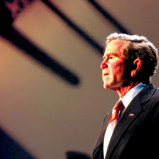 Prompt: stunning awe inspiring george w bush performing at a rap concert, movie still 8 k hdr atmospheric lighting