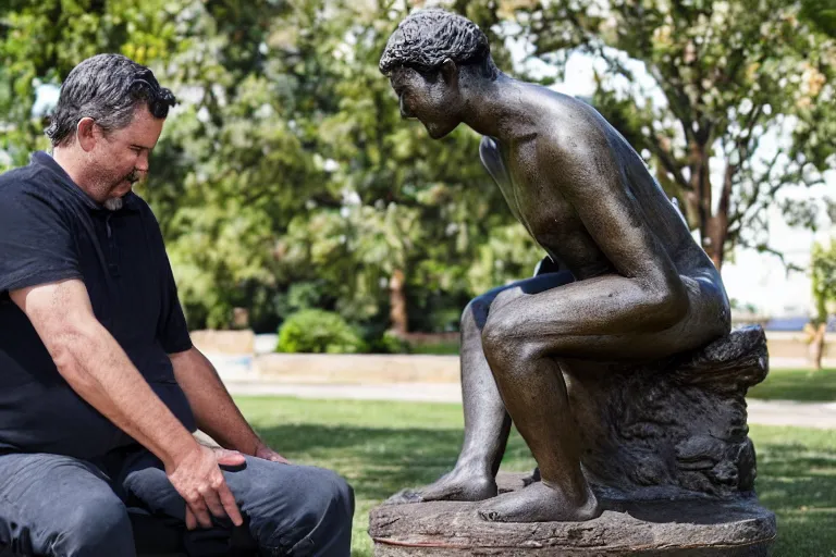 Image similar to a man who is sitting upright in a chair is touching a completed statue