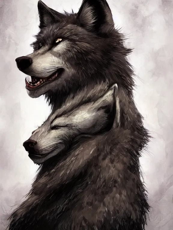 Image similar to 3/4 headshot of cute anthro wolf man, handsome, fantasy, intricate, long muzzle, wolf ears, fursona, black fur, elegant, highly detailed, digital painting, artstation, concept art, smooth, sharp focus, illustration, art by artgerm and greg rutkowski and alphonse mucha red wall in background