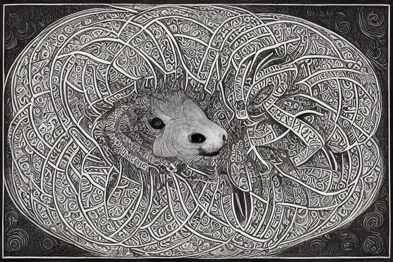 Image similar to an ornate illustration in the styles of mandalas and fractals, the styles of escher and penrose, depicting a weasel staring deep into the heart of the impossible all - and - nothing of the emerging singularity ; / what has god wrought? / he seems to be whispering.