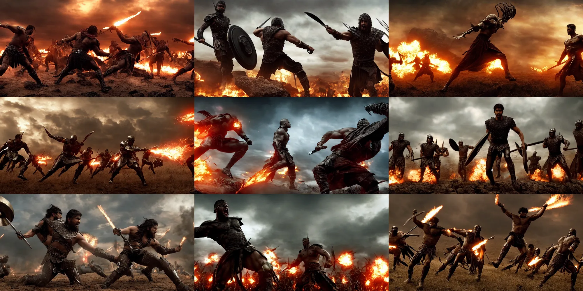 Image similar to epic battle screen of hero, film still from the movie'3 0 0'( 2 0 0 6 ), 3 d, 8 k realistic, cryengine, playstion 5 screen, cinematic lighting