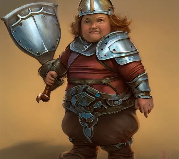 Prompt: cute chubby plump gnome woman wearing copper armor with sword and shield, small stature, short size, cute and adorable, pretty, beautiful, DnD character art portrait, matte fantasy painting, DeviantArt Artstation, by donato giancola, ralph horley, loish, cinematic lighting