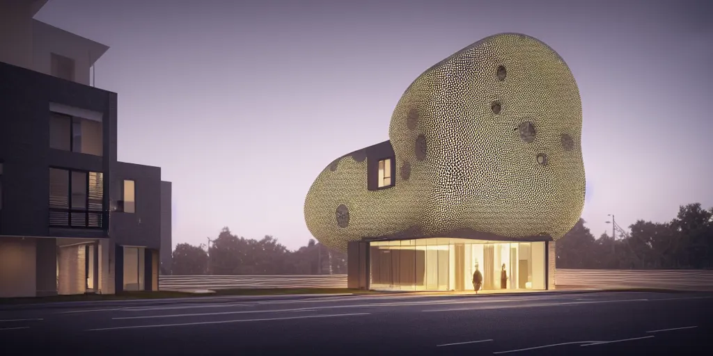 Prompt: A beautiful architectural rendering of a trypophobia house with a mysterious glow emitting from inside in a modern city street, by octane render and corona render