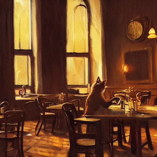 Image similar to brown cat with yellow eyes is sitting at table in a cafe at paris in early 2 0 th century. atmospheric feeling, warm colours, brown colours, yellow colours, epic scene, cinematic, very detailed, concept art, trending on artstation