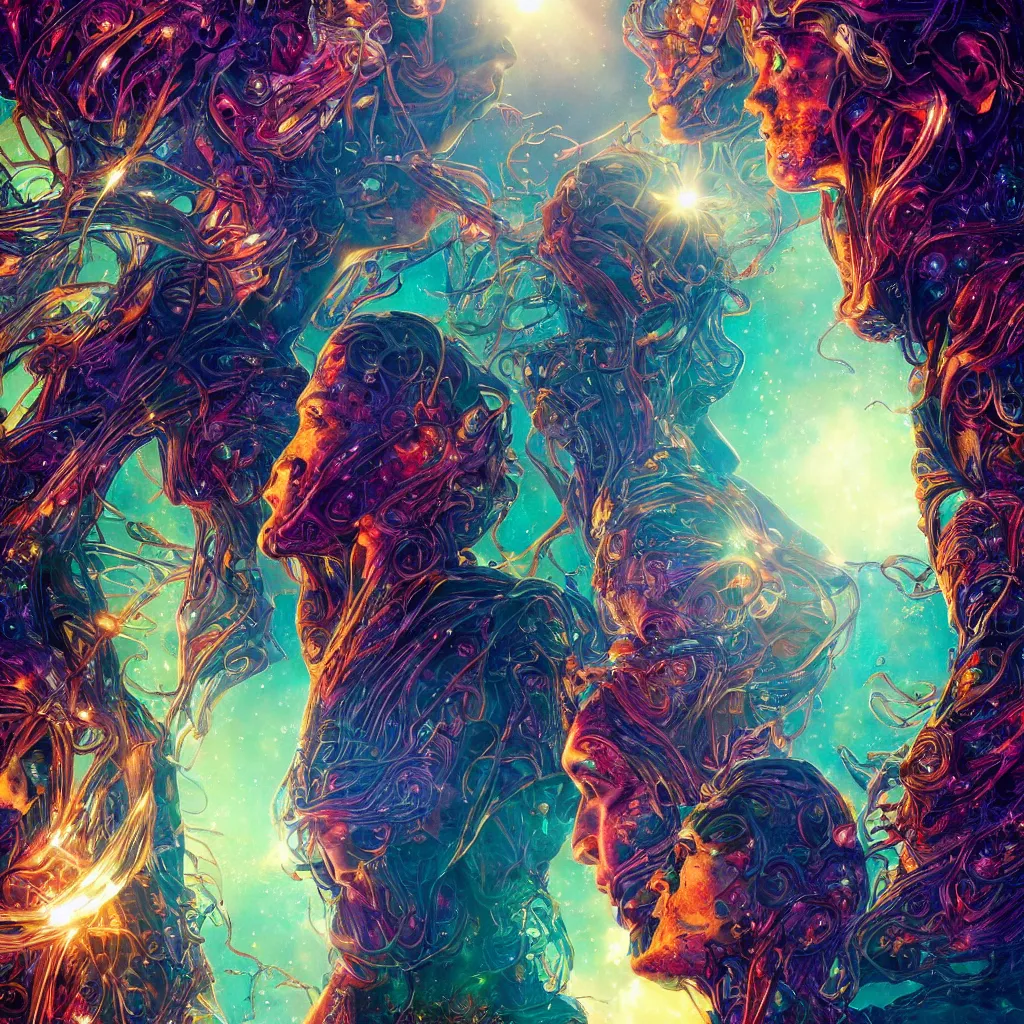 Image similar to extremely detailed cinematic movie still 3 0 7 7 full body shot of 2 1 years old twins hyperreal skin face golden energy strings art - nouveau style with rainbow shining crystals by denis villeneuve, wayne barlowe, simon birch, marc simonetti, philippe druillet, bright volumetric sunlight, rich moody colors, bokeh