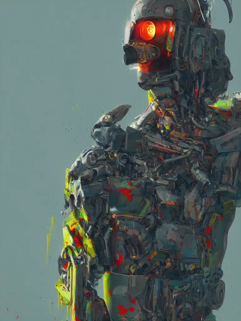 Prompt: a contemporary painting of a cyborg smeared with paint in a painting from stalenhag 4 k 8 k hdr artstation concept art