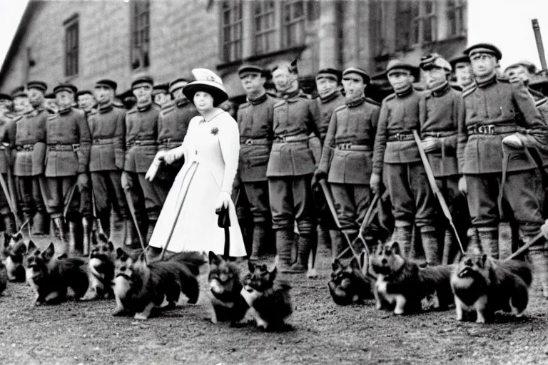 Prompt: ultra wide historical far away photo of young queen elizabeth and her corgi army conquering nazi germany, sharp focus, highly detailed