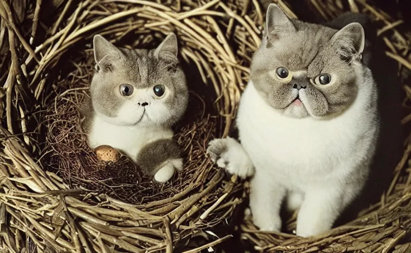 Prompt: david attenborough in a bird nest. sticks. An exotic shorthair cat guarding it's eggs. documentary, holding eggs, fluffy cat, national geographic, strange, photorealistic
