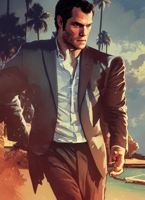 Prompt: portrait of henry cavill as james bond, key art, sprinting, palm trees, aston martin, highly detailed, digital painting, artstation, concept art, cinematic lighting, sharp focus, illustration, by gaston bussiere alphonse mucha