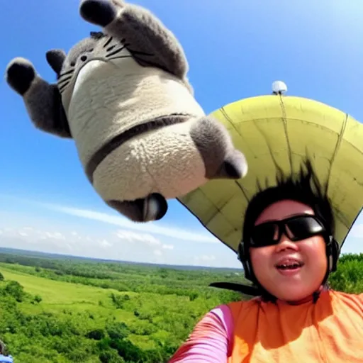 Prompt: super fat totoro skydiving while waving at the camera