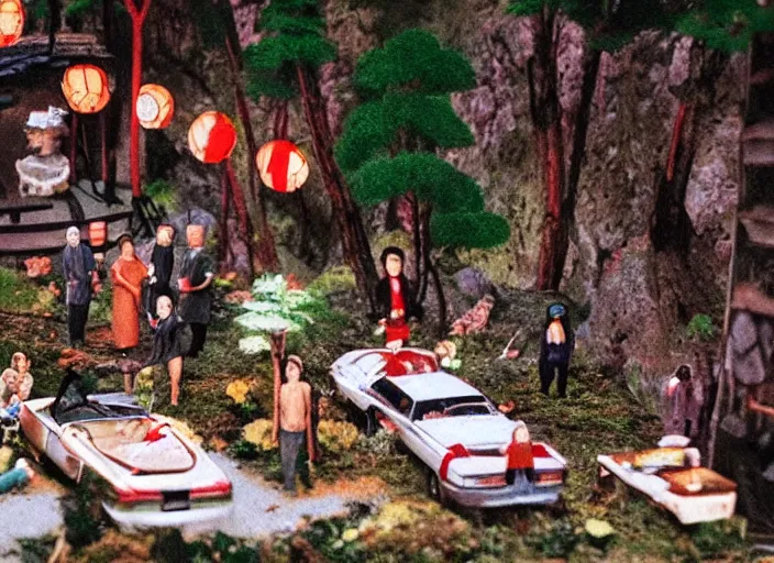 Image similar to Still frame from scene from the retro Twin Peaks japanese miniatures diorama, directed by Nobuhiko Obayashi