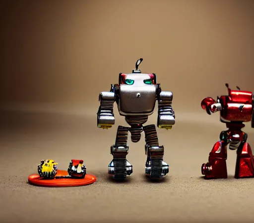 Image similar to miniature figurines of robot monsters, tilt shift, product photography
