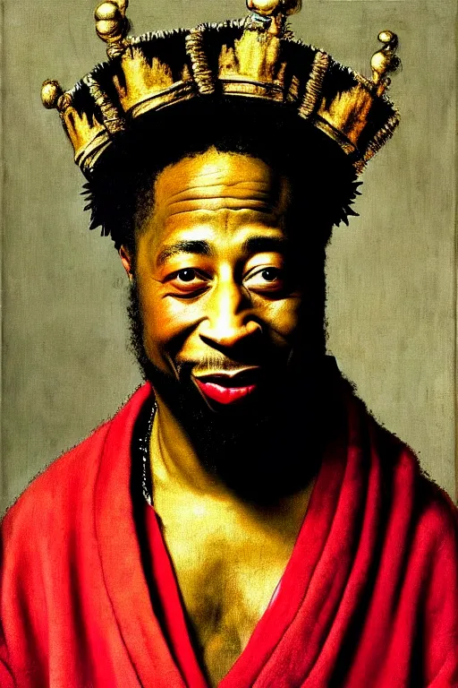 Prompt: high quality celebrity portrait of rap star odb from the wu - tang clan wearing a crown and robe, painted by the old dutch masters, rembrandt, hieronymous bosch, frans hals, symmetrical detail