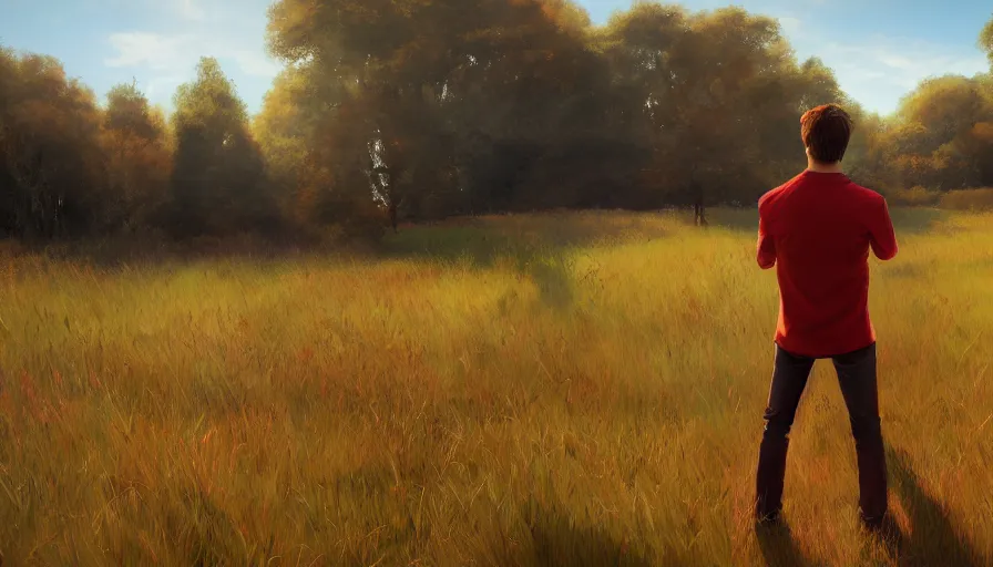 Image similar to back view of a man with red shirt and brown hair looking the sun in the field, wood on the left, houses on the right, hyperdetailed, artstation, cgsociety, 8 k