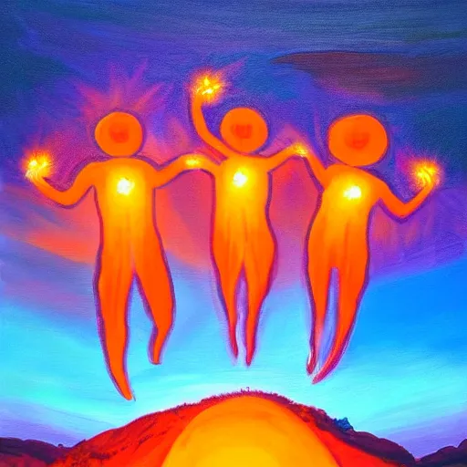 Prompt: a spiritual painting of three orange glowing people rising into the sky, wide shot, inspiring, beautiful, brightly colored, paranormal