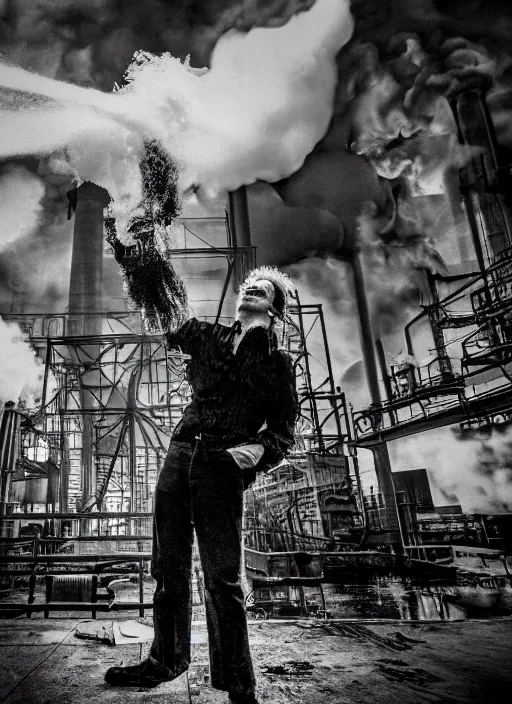 Prompt: an award winning photo of a 1980s punk holding up a huge industrial cog while being blasted with steam, photorealistic, background is abandoned power plant