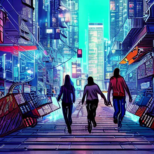 Image similar to people running away from crypto scared, cyberpunk art