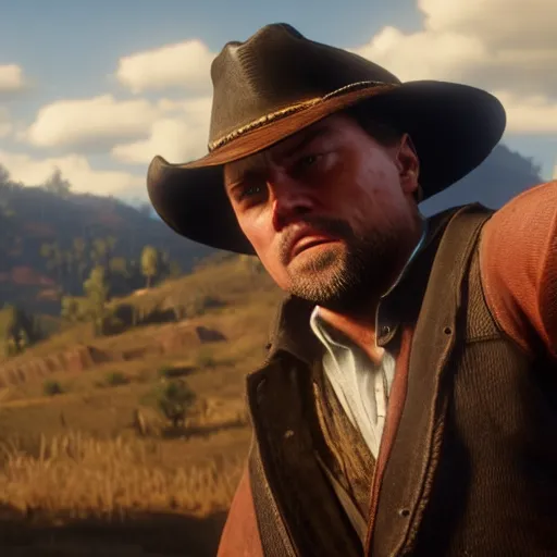 Prompt: leonardo dicaprio plays arthur morgan in the playstation 4 video game red dead redemption 2, video game screenshot