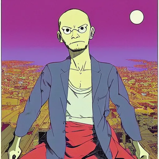 Image similar to powerful psychic guy emitting psychic powers, psychic, psychic powers, magic, ufotable studio art style, by moebius, by jamie hewlett, by geof darrow, aesthetic!,