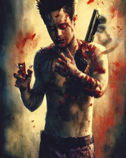 Prompt: cat in fight club, cat tyler durden, airbrush, drew struzan illustration art, by greg rutkowski key art, movie poster