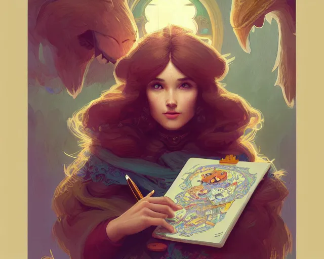 Image similar to hey duggee, holding a notepad and pencil, deep focus, d & d, fantasy, intricate, elegant, highly detailed, digital painting, artstation, concept art, matte, sharp focus, illustration, hearthstone, art by artgerm and greg rutkowski and alphonse mucha