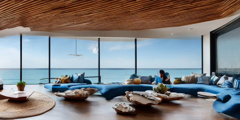 Image similar to a modern hi tech living room in a ocean hues style next to a big terrace overlooking the ocean, a luxurious wooden coffee table with large seashells on top in the center, inspired by the ocean, calm, relaxed style, harmony, wide angle shot, 8 k resolution, ultra detailed