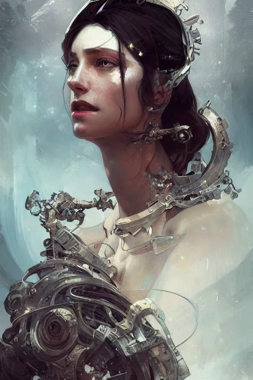 Prompt: A full portrait of a beautiful post apocalyptic offworld android queen, intricate, elegant, highly detailed, digital painting, artstation, concept art, smooth, sharp focus, illustration, art by Krenz Cushart and Artem Demura and alphonse mucha