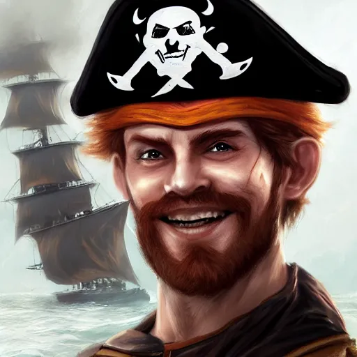 Image similar to dashing charming ginger grinning charismatic human male rogue, wearing pirate captain's tricorne hat, naval background, amazing, trending on art station, artgerm, Greg rutkowski