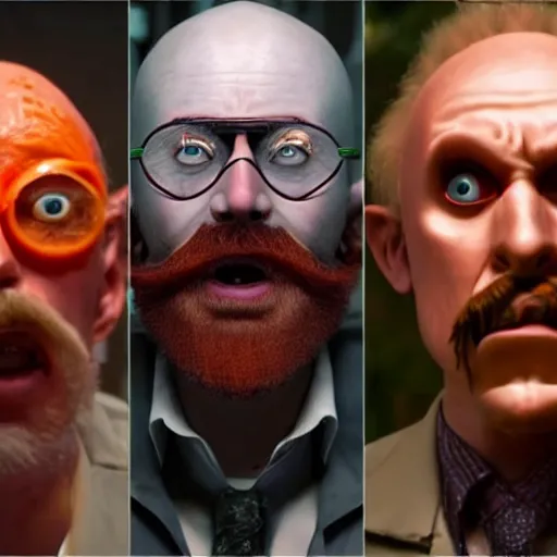 Image similar to a man with 3 eyes, man with a 3rd eye in the middle of his forehead, an awkwardly tall mad scientist with a 3rd eye a tangled orange beard balding head and unruly red hair wearing a labcoat, high resolution film still, movie by Robert Zemeckis and Ivan Reitman, 3rd eye in the middle of his forehead