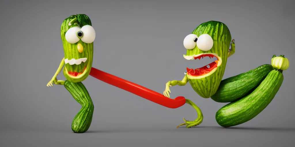 Image similar to detailed 3 d render of a bad zucchini character with arms and legs and a long sword!! chasing after a tomato character, hyper realistic octane render, cinematic lighting, pixar surrealism