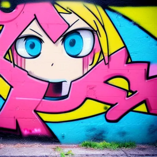 Prompt: graffiti on a wall, happy anime character ,