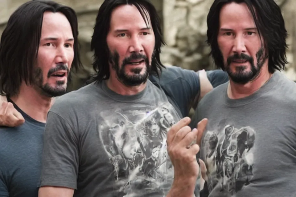 Image similar to film still of keanu reeves holding a t - shirt with keanu reeves on the sleeves in the new fantasy movie