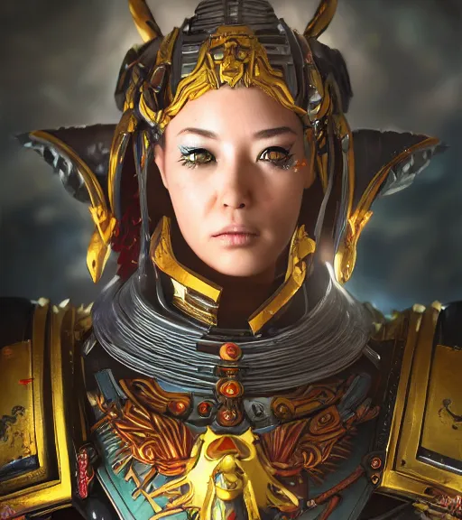 Prompt: an epic fantasy comic book style portrait painting of a very beautiful female warhammer 4 0 k space marine with a strong japanese aristocratic - style image, character design by mark ryden and pixar and hayao miyazaki, unreal 5, daz, hyperrealistic, octane render, cosplay, rpg portrait, dynamic lighting, intricate detail, summer vibrancy, cinematic