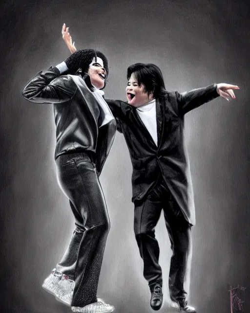 Prompt: Michael Jackson & Michael Mcintyre dancing in front of a crowd,real life skin, intricate, elegant, highly detailed, artstation, concept art, smooth, sharp, photo