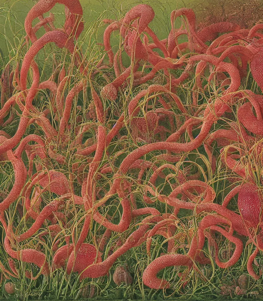 Prompt: Botanical illustration of Clathrus ruber Pleurotus in its native habitat by Haeckel and Beksinski, ultradetailed digital art, vivid color hues, insects and critters on mushrooms