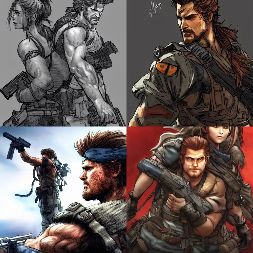 Prompt: grumpy solid snake with aloy standing behind him and touching his shoulder gently, medium shot, natural lighting, digital art, illustration, highly detailed, by jim lee,