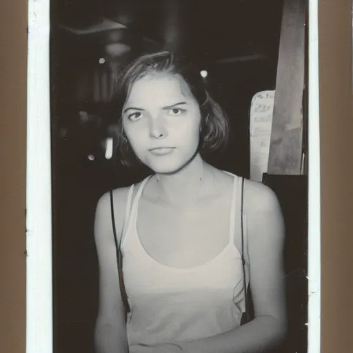 Prompt: a very beautiful old polaroid picture of a young women inside a coffee shop, award winning photography