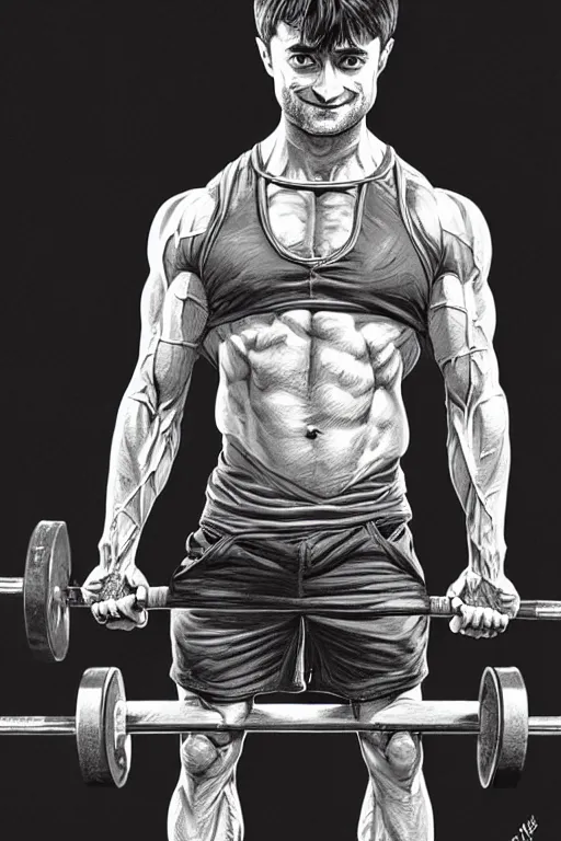 Image similar to highly detailed rendering of Daniel Radcliffe as Harry Potter doing barbell back squats, dingy workout gym, wearing a muscle tee shirt, muscular deep squats, symmetrical, highly detailed, digital painting, artstation, concept art, smooth, sharp focus, illustration, cinematic lighting, art by artgerm and greg rutkowski and alphonse mucha