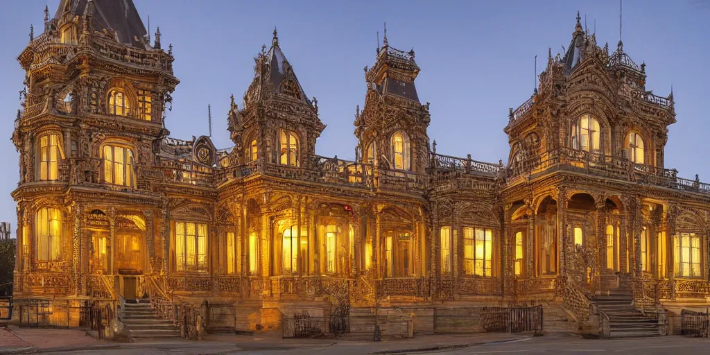 Image similar to extremely detailed ornate stunning sophisticated beautiful elegant victorian museum exterior by Henry Young Darracott Scott and Francis Fowke, stunning volumetric light, stainless steal, concrete, translucent material, beautiful sunset, tail lights