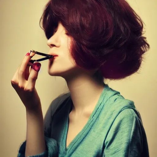 Image similar to the most beautiful woman in the world smoking a pipe. sharp colour photograph. soft lighting. depth of field. trending on artstation.