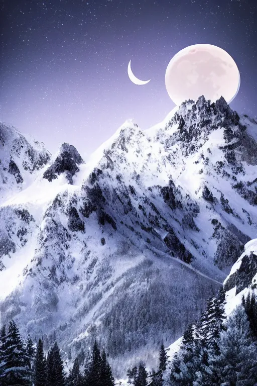 Prompt: digital matte fantasy dreamy mountain scape dark tones snow, crescent moon, wolf, 8 k by geometrieva
